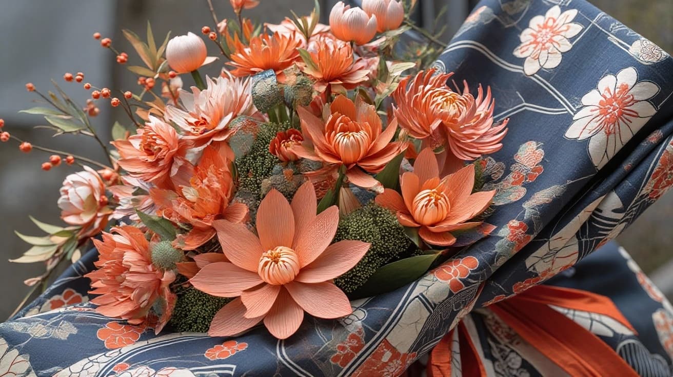 AI generated:  a work of art  in a  glossy satin silk fabric coral color orchid in 3d, each petals are  made of co...