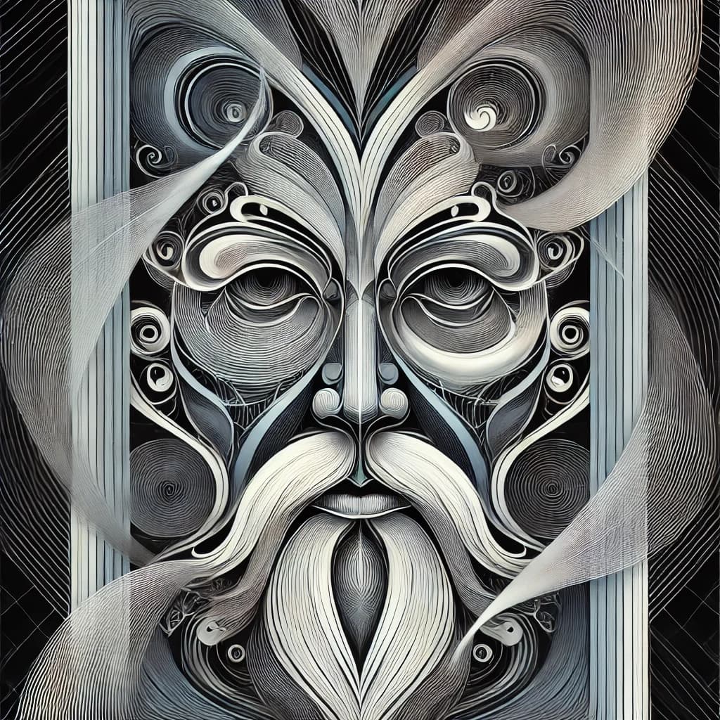 AI generated: 화(話)회(回)탈. Linguistic rotational masks by Incredibism.