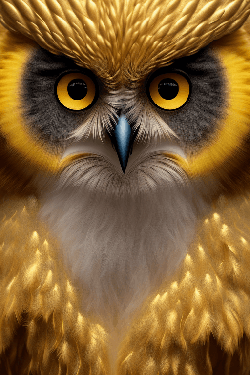 AI generated: 3D Portrait of a A cute and furry Owl with exotic Feathers of metallic texture and big yellow eyes, ...