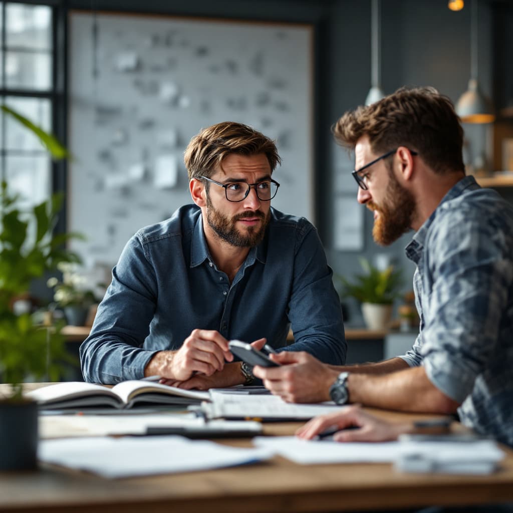 AI generated: 1 men, men and women, discussing with each other, technical IT background in a friendly working envi...