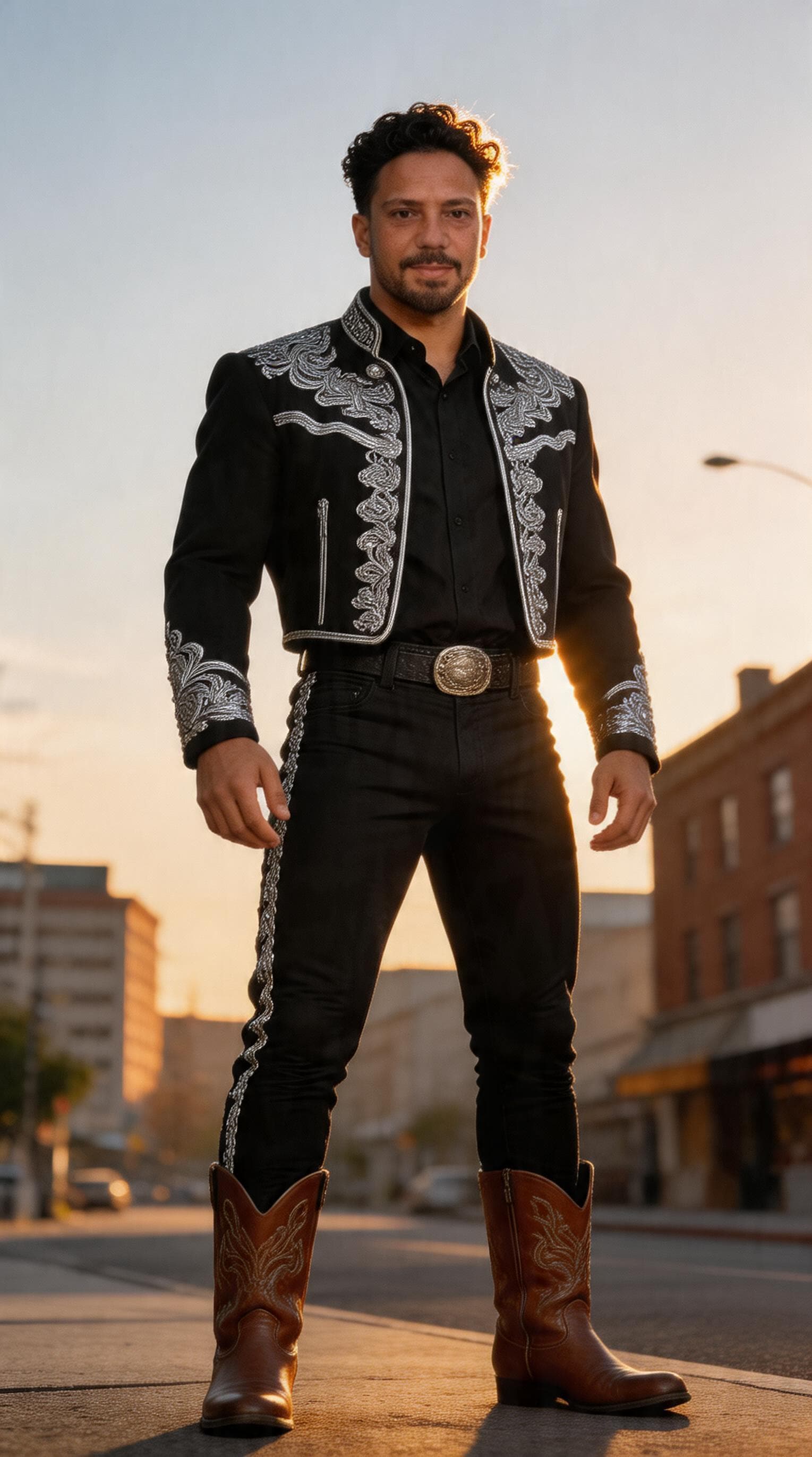 AI generated: Ground - Shot Angle - Looking down at figure from knee level, elegant, handsome, charro, mexicano, m...