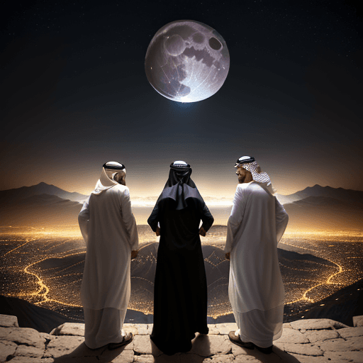 AI generated: Photo of 4 happy arab boys  stands above a mountain,
they are looking the luxury city , 10 big missi...