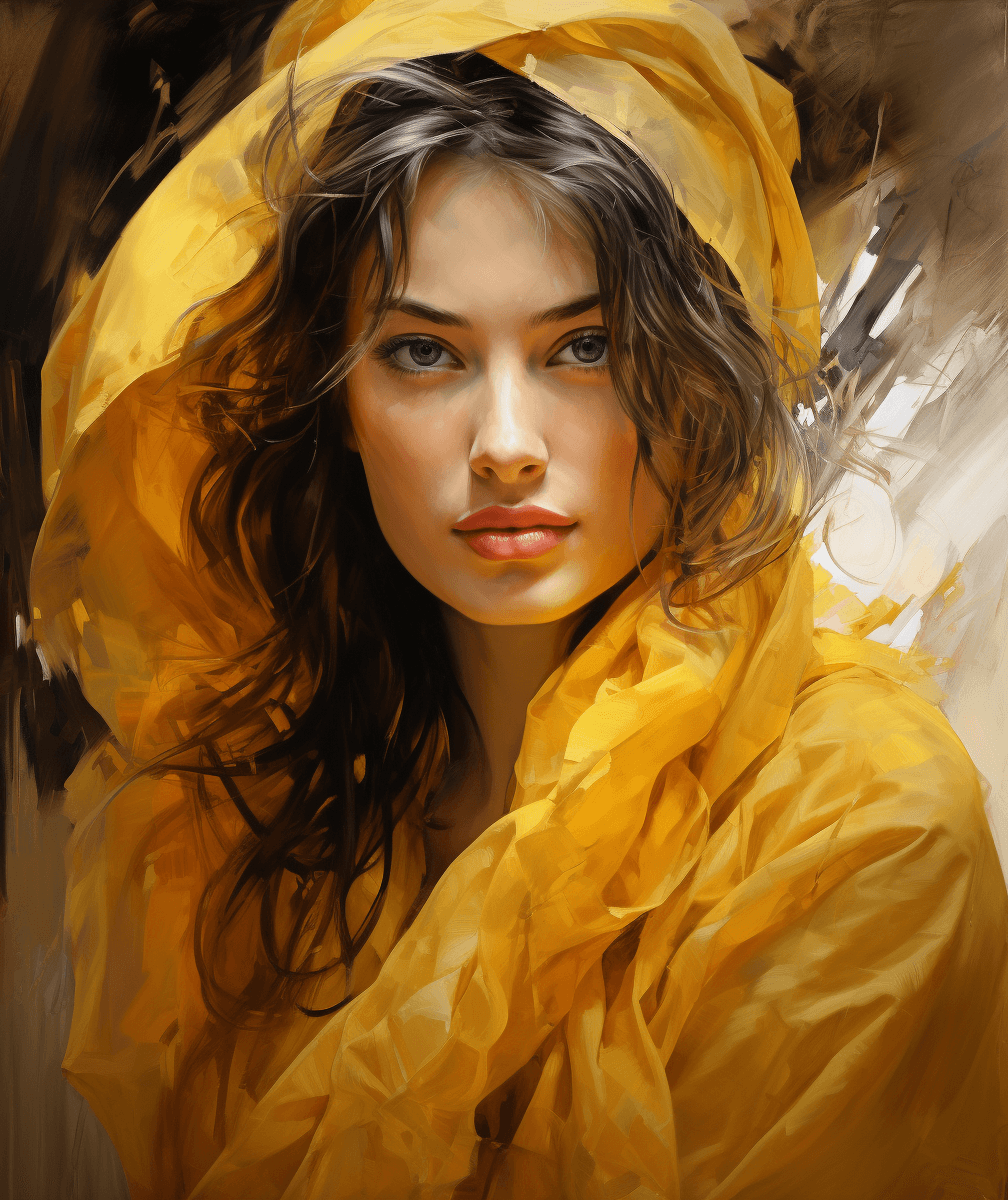 AI generated: an artistic portrait of a woman in a yellow cloth, in the style of rob hefferan, saurabh jethani, in...