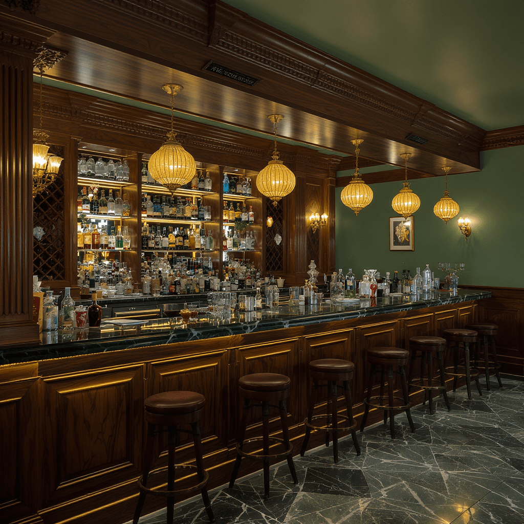AI generated: Interior of a classic-style bar, with wooden paneling, Alpine green marble floor, RAL 6009 ceiling, ...