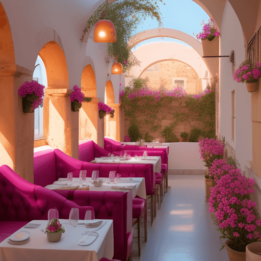 AI generated: Greek vibe restaurant modern style with fuchsia flowers and indirect light in arches and geek status