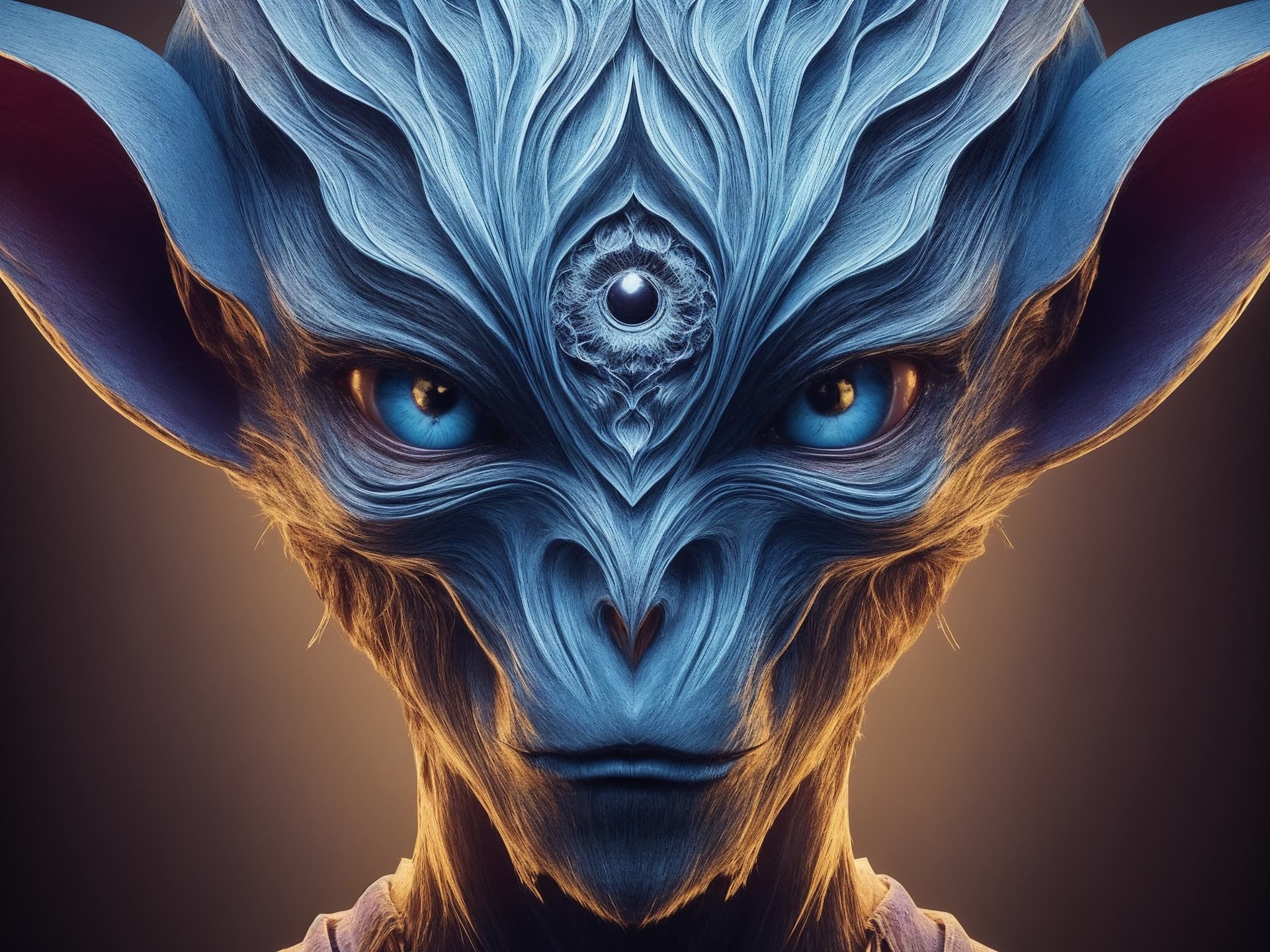 AI generated: Create a highly detailed, symmetrical portrait of a vivid blue alien with one prominent eye and over...
