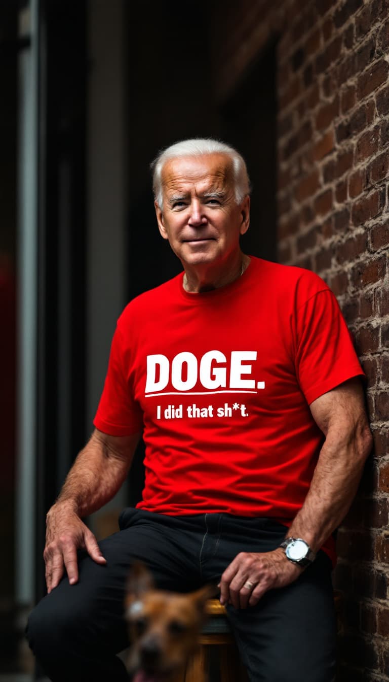 AI generated: Joe Biden wearing a Bright Red t-shirt,  the t-shirt logo reads "DOGE: I did that sh!t" in bold whit...