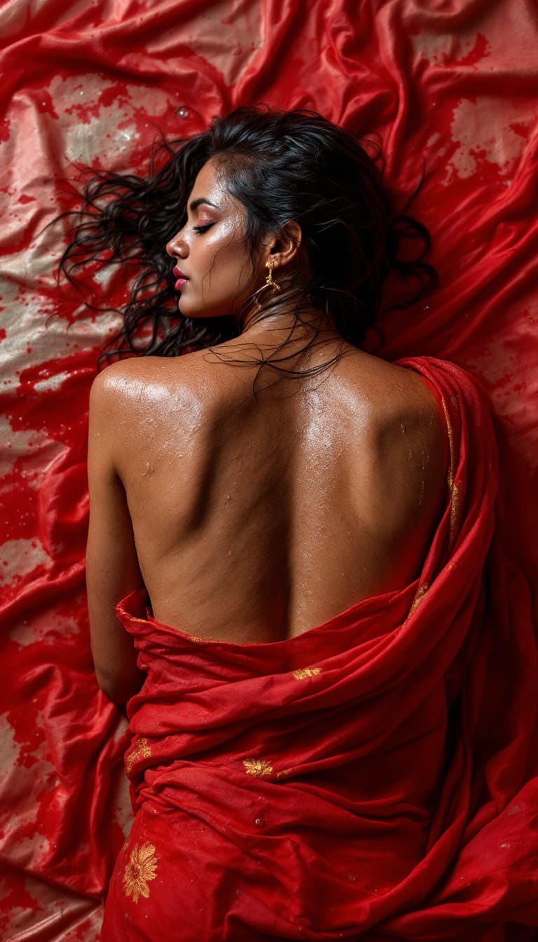 AI generated: Red wet saree Indian woman, backward sleeping on edge on bed, oily back,  oily body, sweaty, 