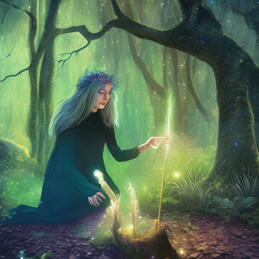 AI generated: A mystical forest witch casting magical glowing spells, dynamic fantasy digital illustration with sp...