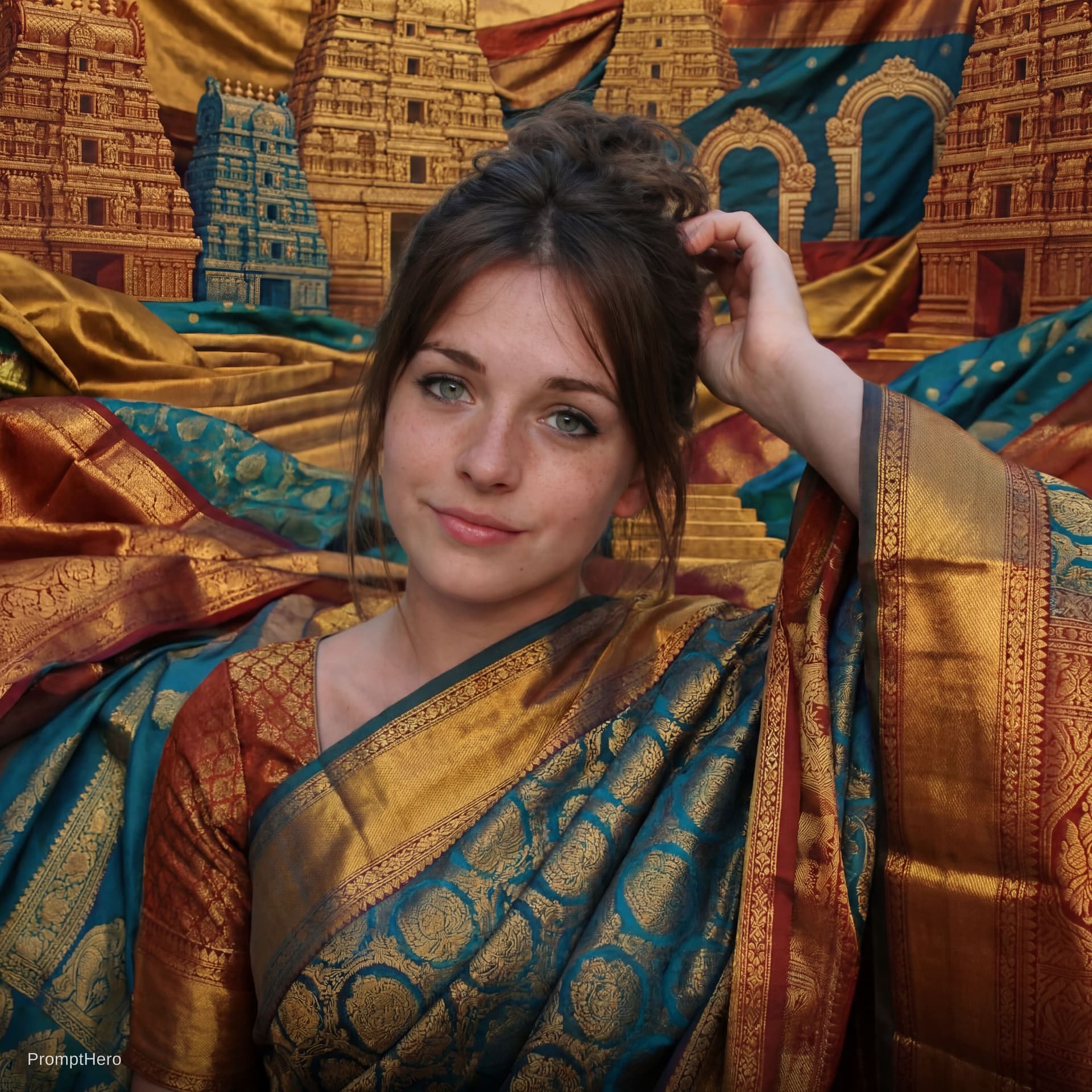 AI generated: Reimagine the subject within a continuous landscape of flowing Kanjeevaram silk, where clothing and ...