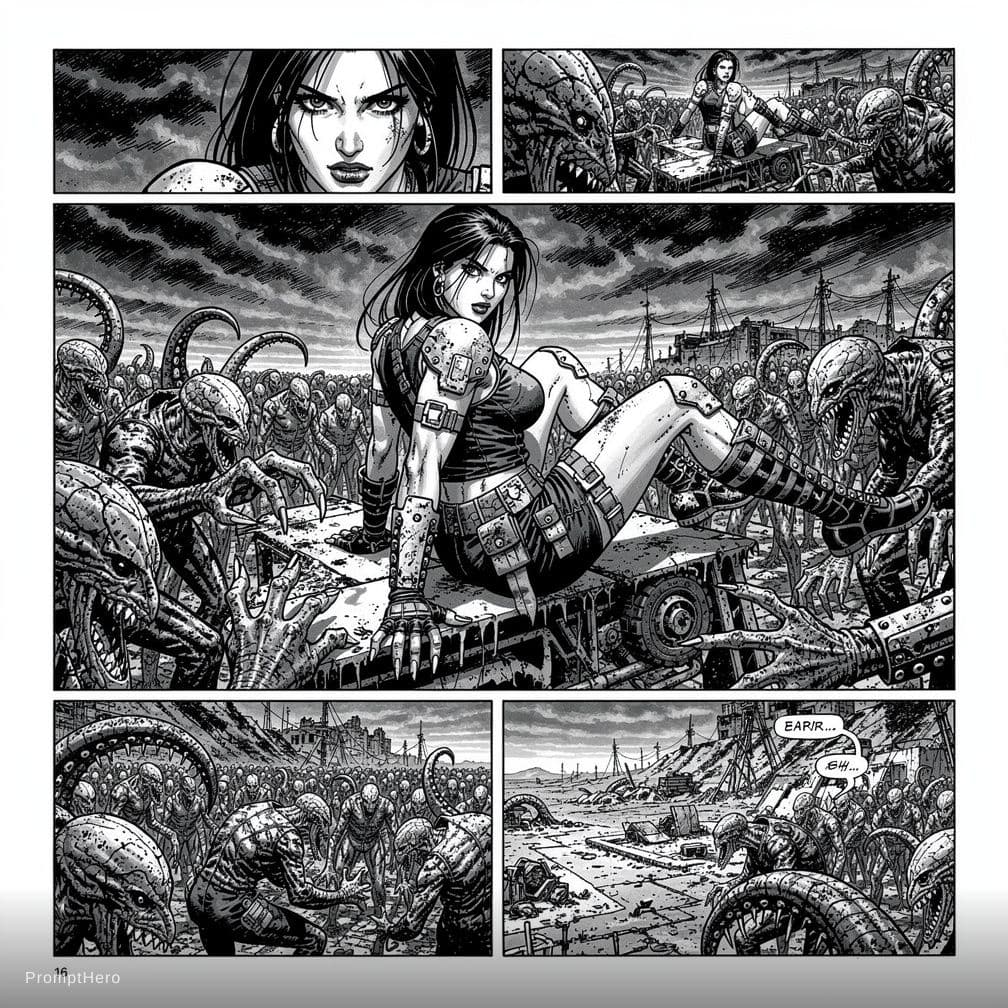 AI generated: score_9, score_8_up, score_7_up, by Serpieri, ((comic panels)), 1girl, nude, solo, dark hair, sultry...