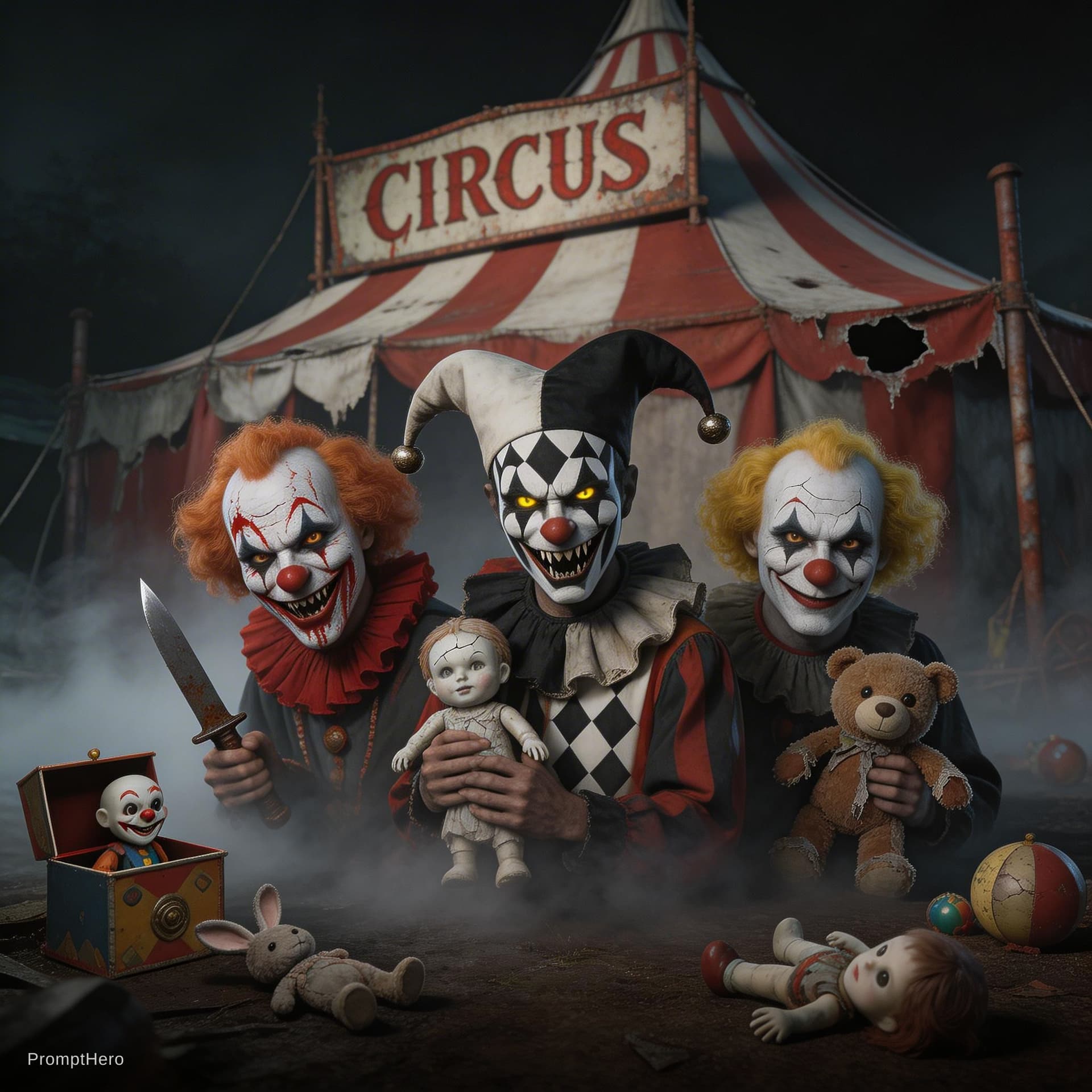 AI generated:  scary cartoon clowns,background old circus,with creepy toys,mystical atmosphere,scary jesters,murde...
