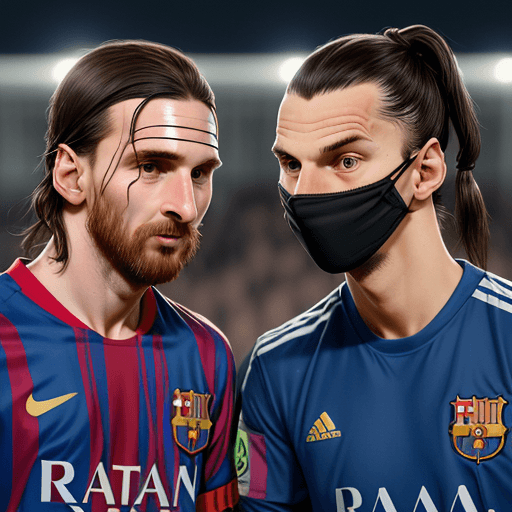 AI generated: Messi and Ibrahimovic play blind football in special masks for blind football в полный рост
