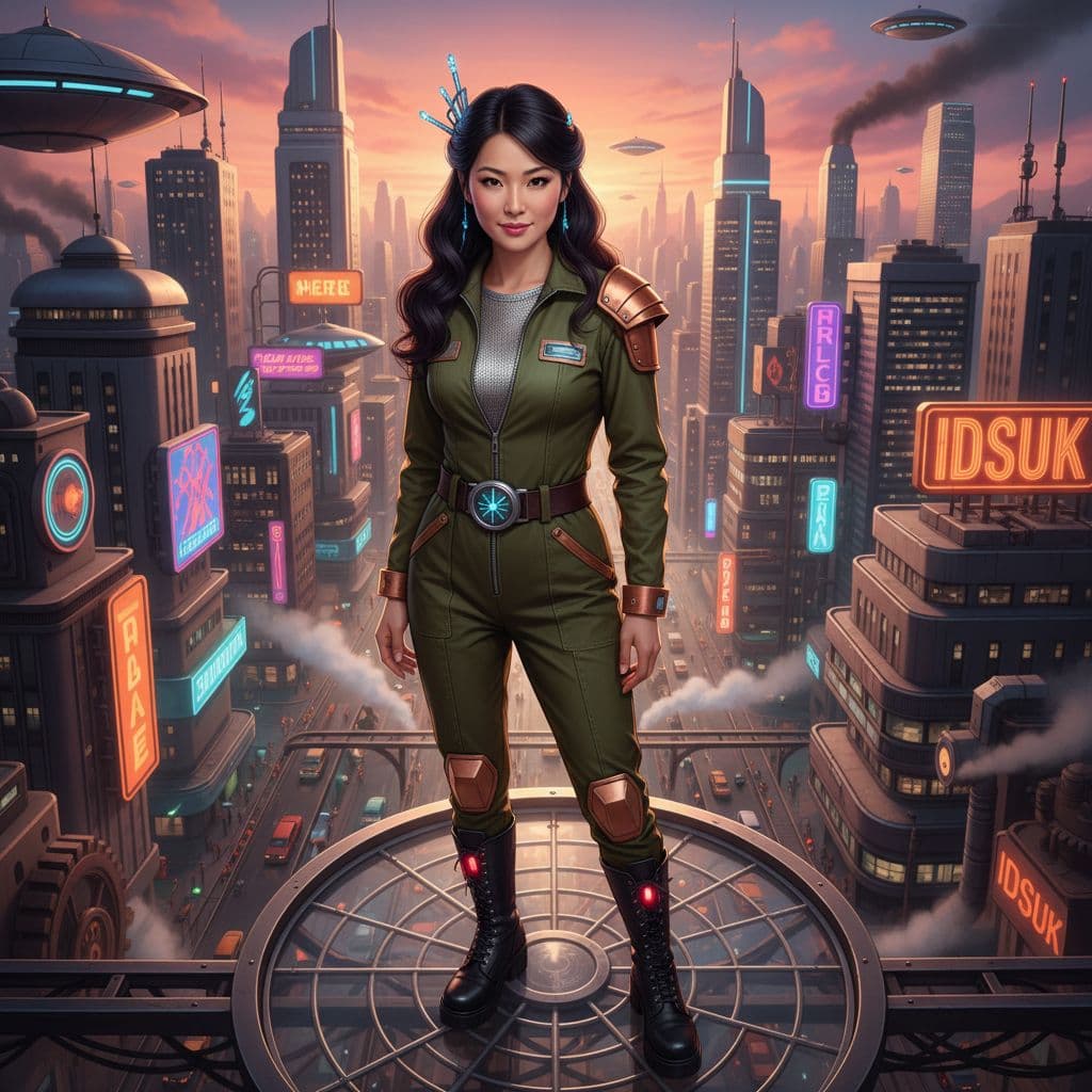 AI generated: A 30-year-old Japanese beauty.Atompunk,Whole body image, High Angle Shot, cinematic shot, Center the...