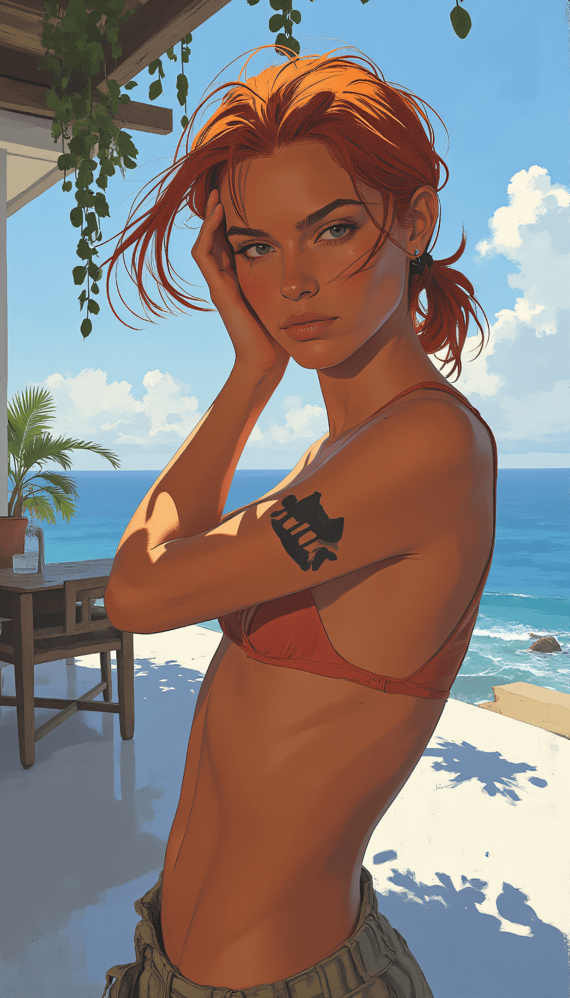 AI generated: semi-realistic fashion digital painting, in bright, airy aesthetic with the blue tones, of a 24 year...