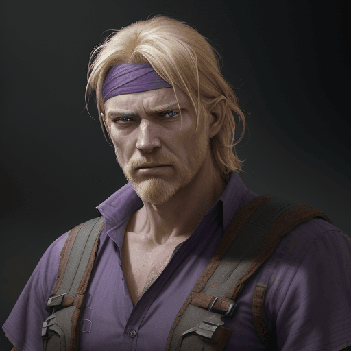 AI generated: 8k a middle aged country man with blonde hair with one arm with a purple head band and a worried and...