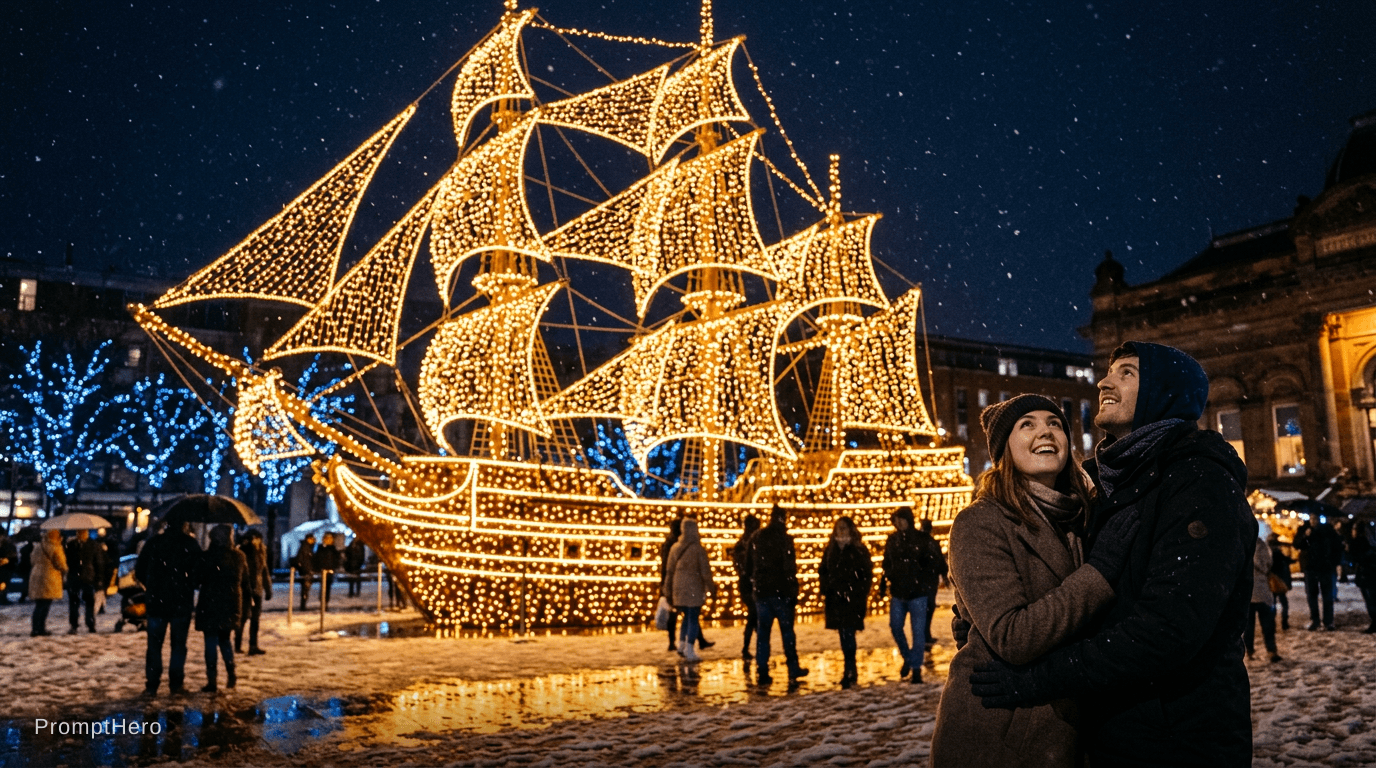 AI generated: A cinematic medium-wide photograph of a massive, tall sailing ship sculpture made entirely of thousa...