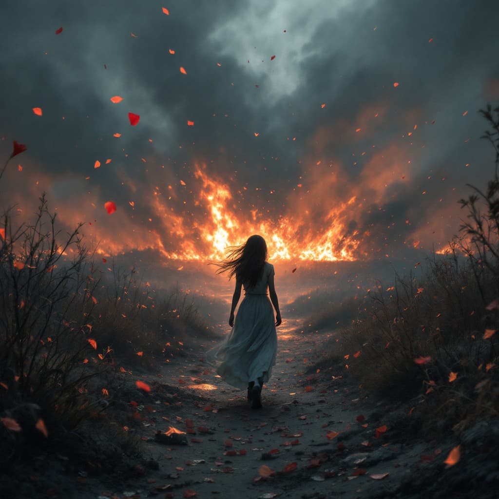 AI generated: the girl walks towards the camera while behind her the battle rages, fires burn and petals fall.
