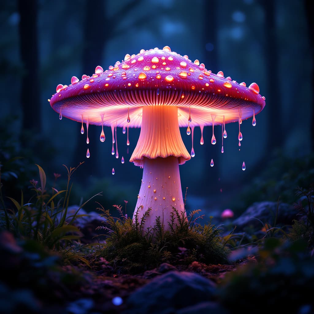 AI generated: (dark shot:1.1), luminous backlit glowing forest mushroom, drops, neon lights around the mushroom, f...