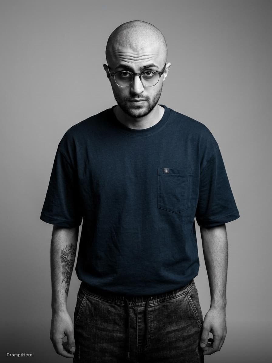 AI generated: photograph, front view, professional model, man, shaved hair and neat beard with horn-rimmed glasses...