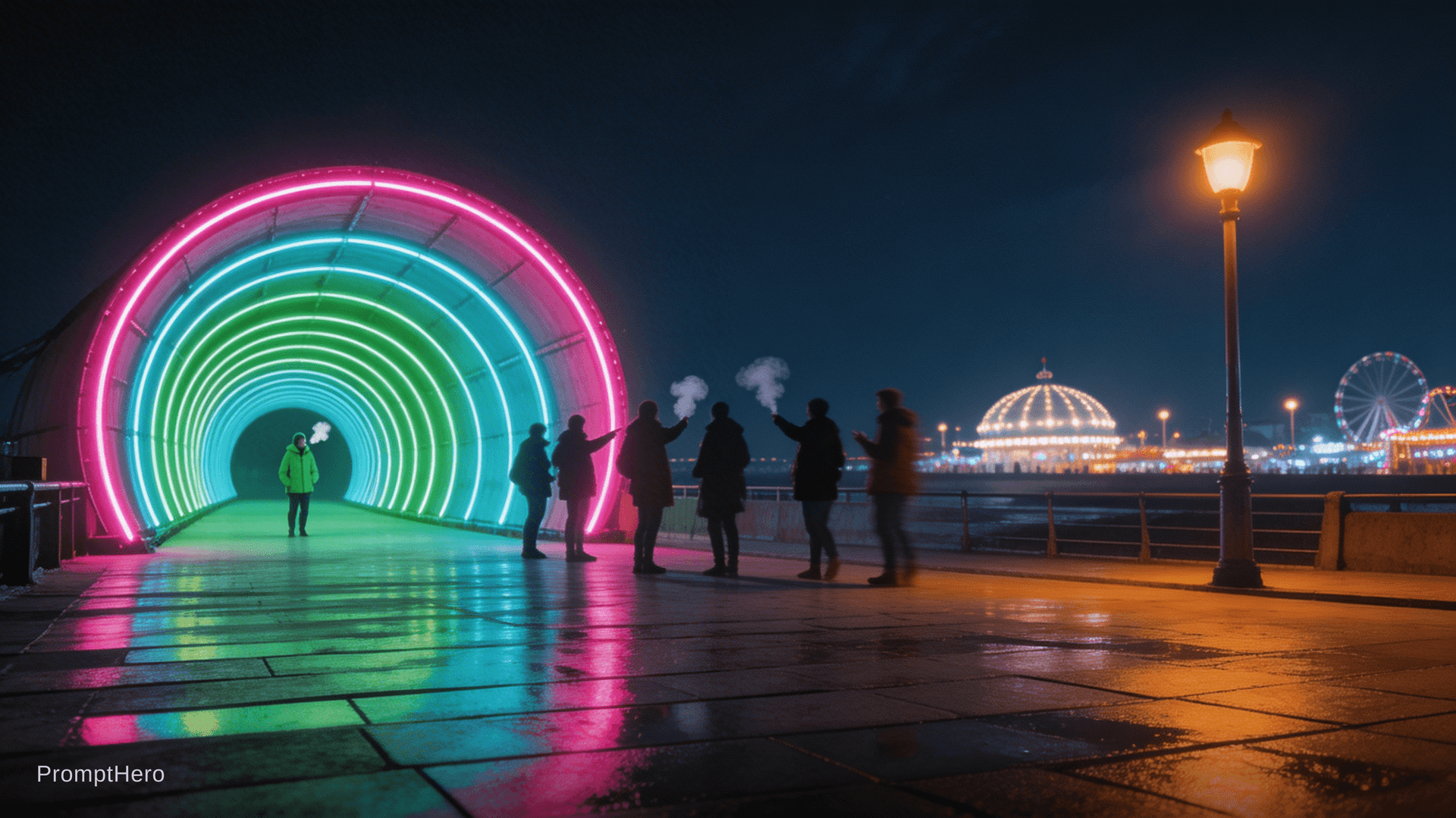 AI generated: A dynamic wide-angle night photograph of a large illuminated tunnel installation on a seafront prome...