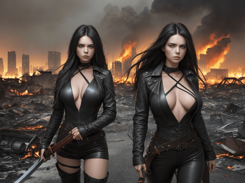 AI generated: a woman standing in the midst of a burning city, with a wide-angle perspective that captures the ful...