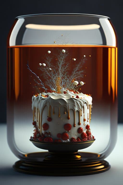 AI generated: wedding cake in a glass jar floating in liquid by greg rutkowski, intricate details, 8k uhd, photore...