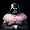 AI generated: (Renaissance) painting of darth vader in pink fur as a fashion model, vogue, oil paint on dark backg...