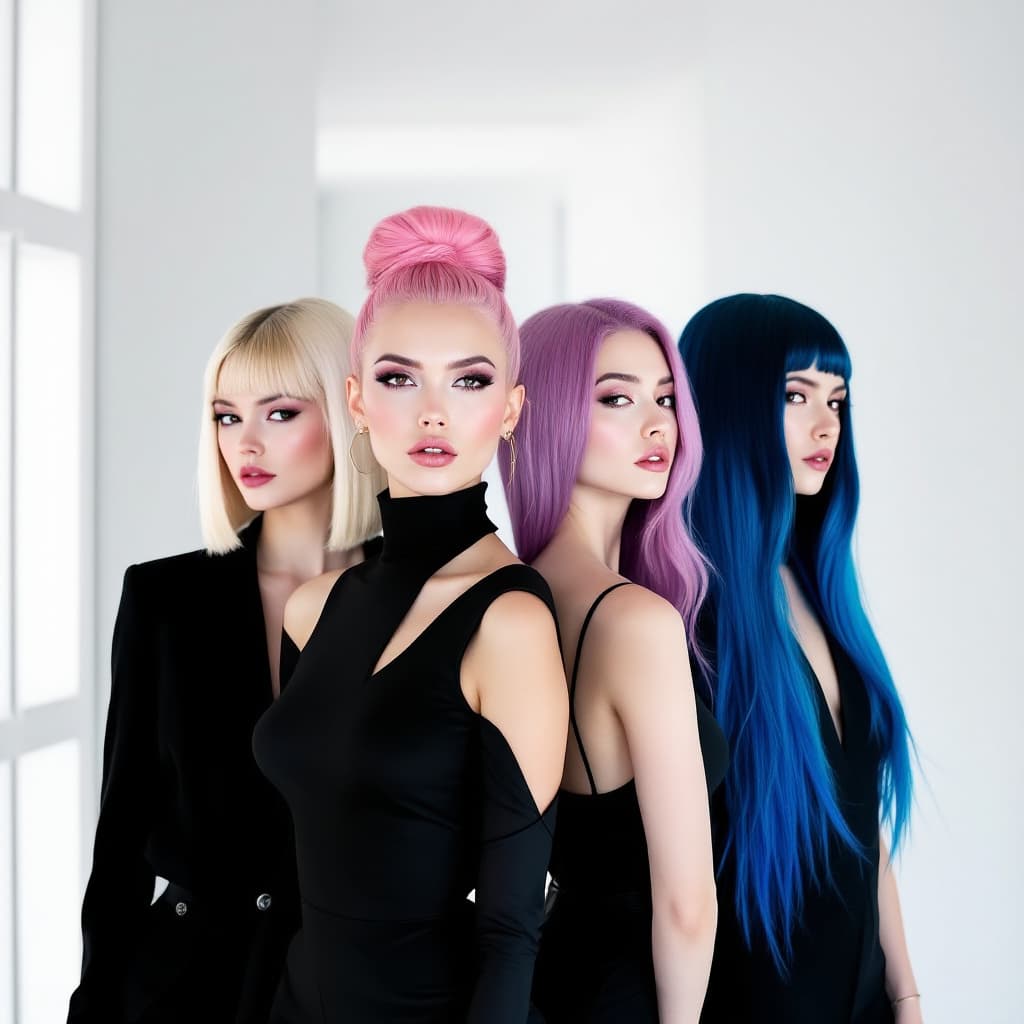 AI generated: A high-fashion editorial picture of four women in a style of modern fashion photography, one has sle...