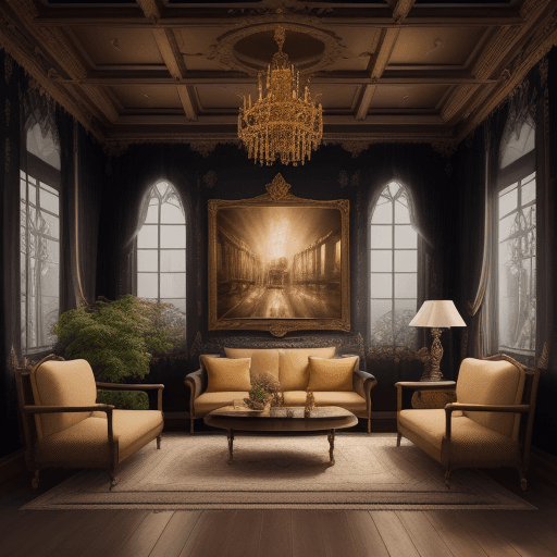 AI generated: High resolution photography interior design, dreamy castle interior living room, wooden floor, small...