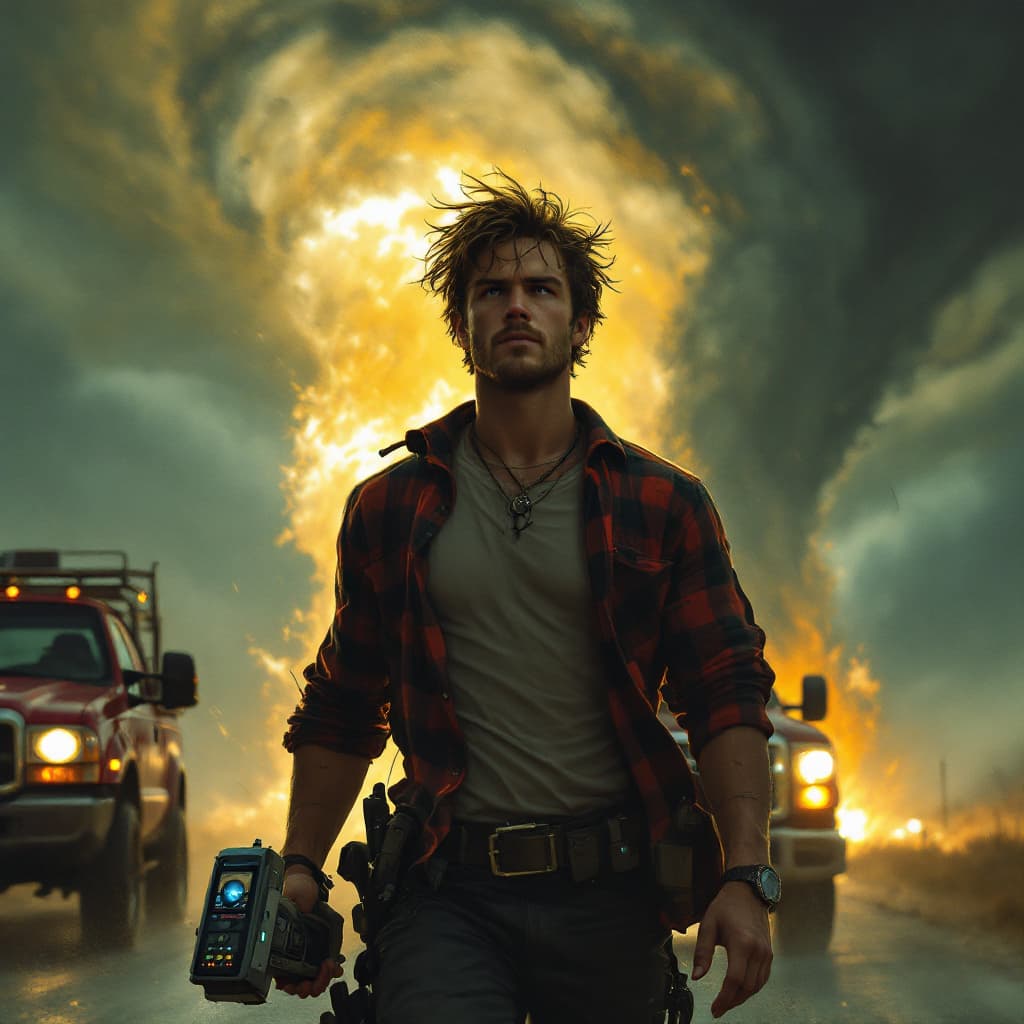 AI generated: A storm interceptor in flannel shirt long sleeve  with short hair holding an weather radar, wind blo...