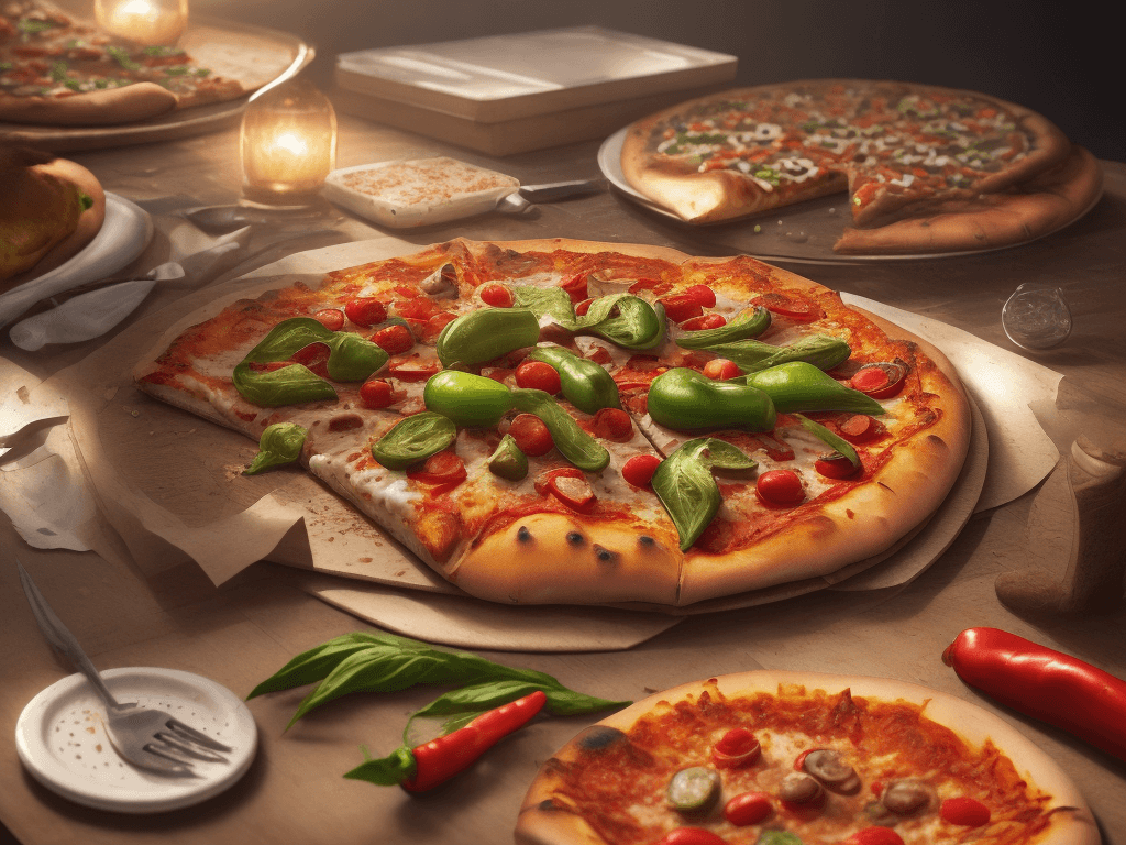 AI generated: epic realistic, roast pizza with green pepper, food art, realistic render, dramatic lighting masterp...