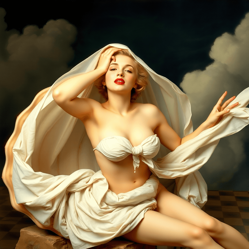 AI generated: photo of Marilyn Monroe in pose like Botticelli's painting illustrates the myth of the birth of Aphr...