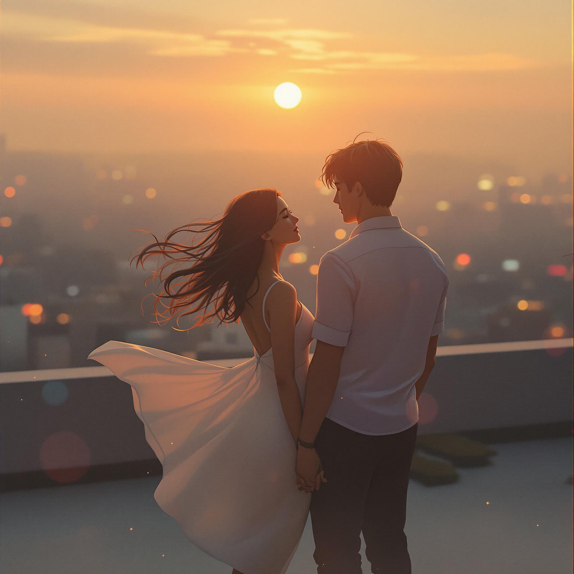 AI generated: A gentle, cinematic scene in which a couple stands on a quiet rooftop in a dreamlike city against a ...