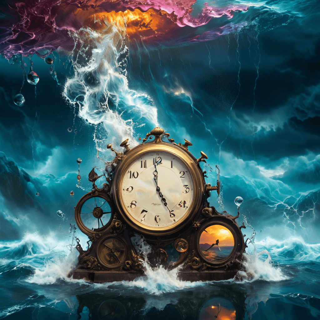 AI generated: Time flows backward as a clock melts into a Salvador Dalí-esque painting, storm night, 3d, fantasy a...