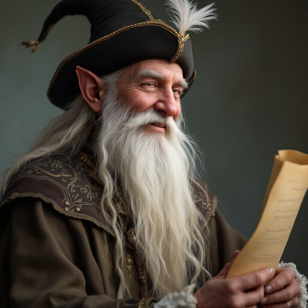 AI generated: happy musical elven bard, elderly, white hair and beard, medieval cap with a feather, holding a scro...