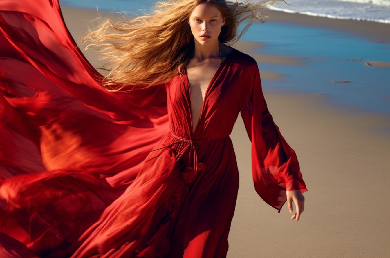 AI generated: a woman in a red dress walking on a beach, a picture, inspired by Annie Leibovitz, flowing hair and ...