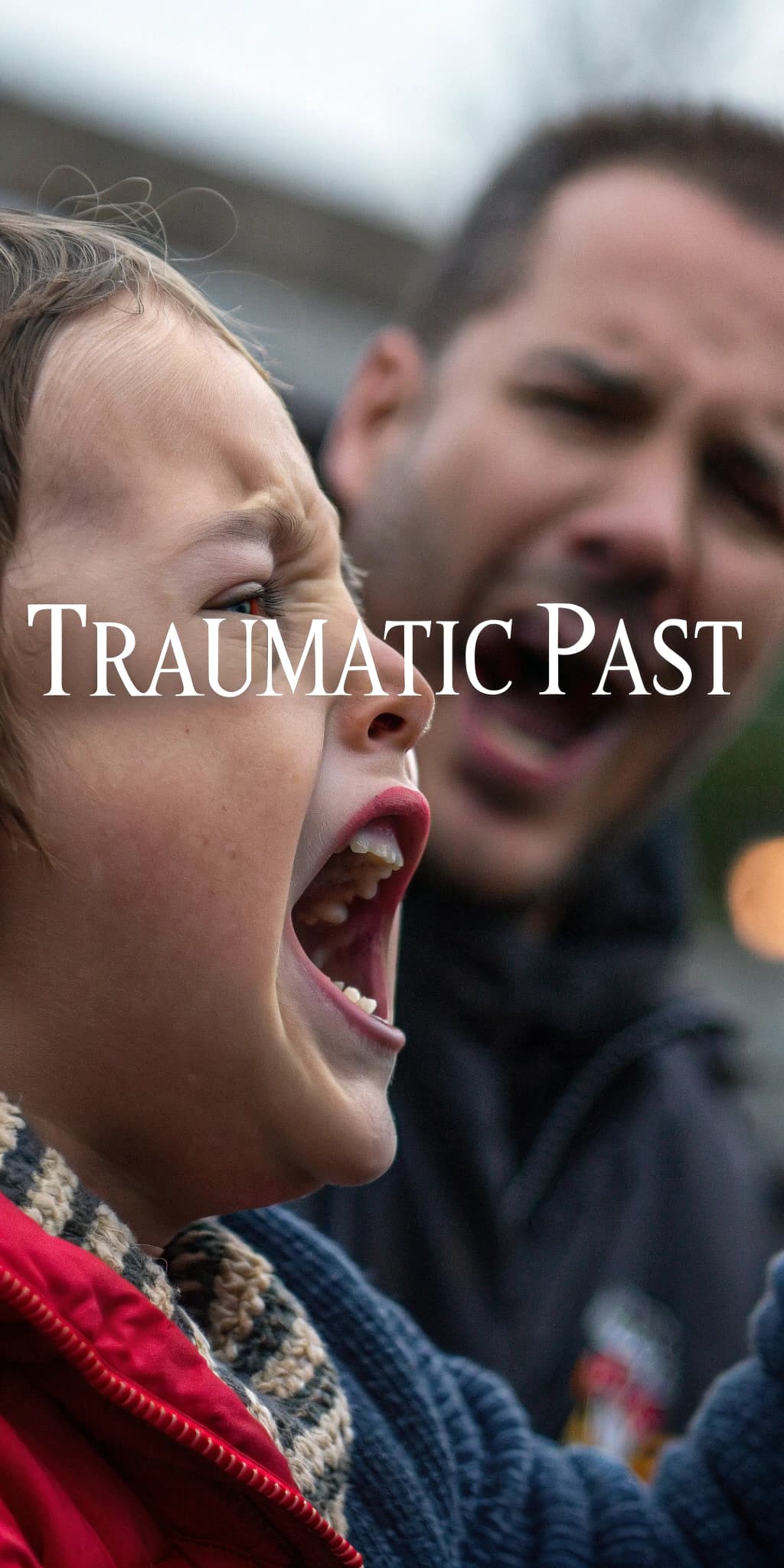 AI generated: Dramatic scene,child hand macroview,inside child crying against an adult shouting,text “traumatic pa...