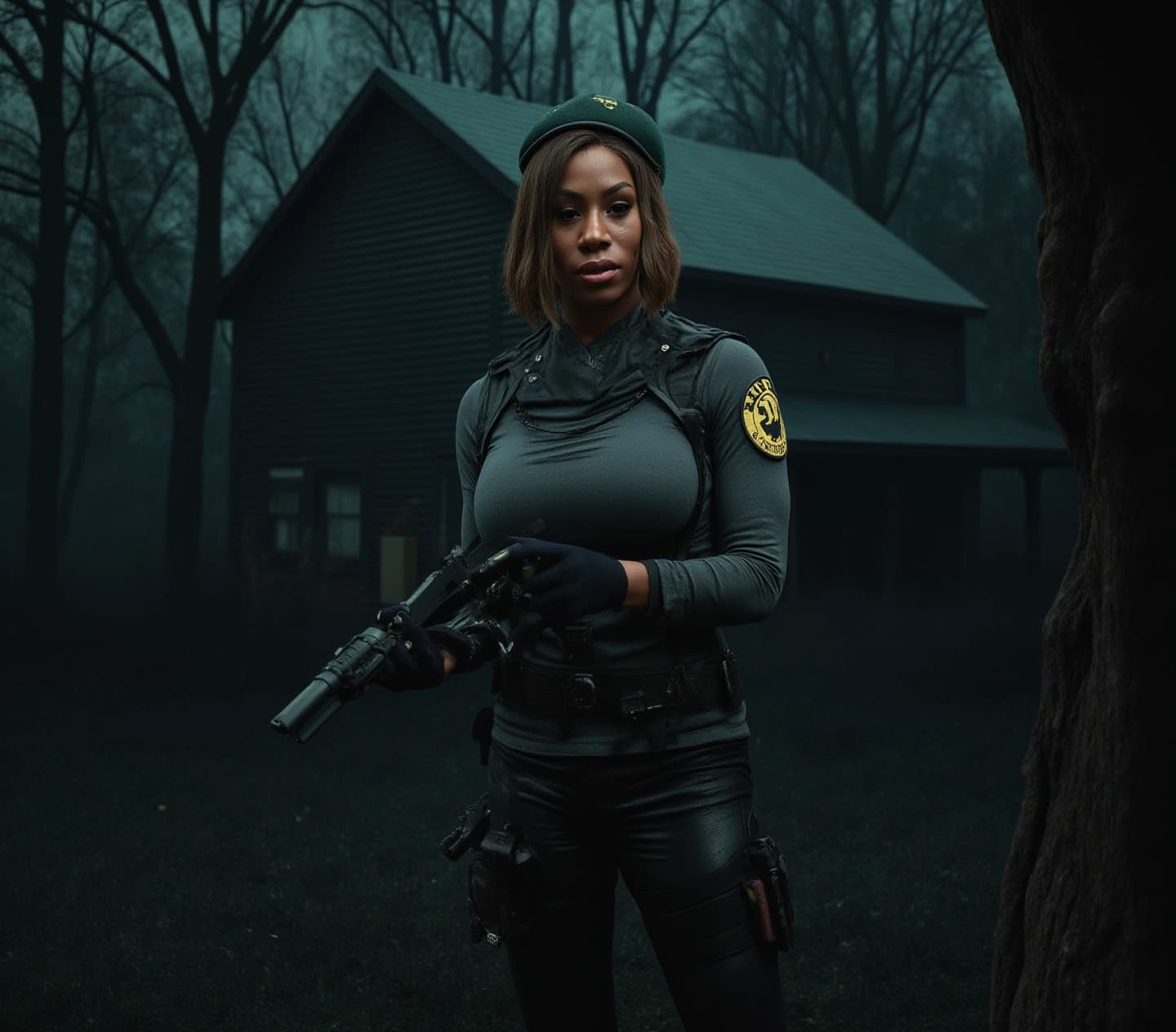 AI generated: Create a vibrant hyperrealistic 3D render RPG scene inspired by Resident Evil. Jill Valentine in tac...