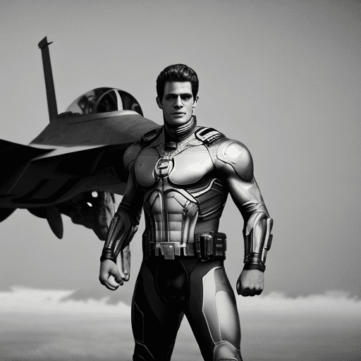 AI generated: Epic black and white photographic portrait of Captain Hal Jordan standing next to a fighter jet, acc...