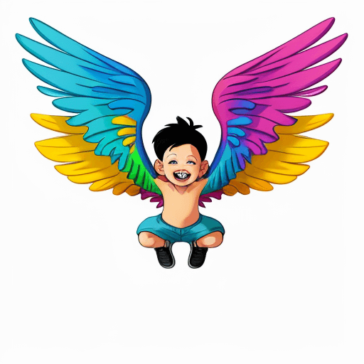 AI generated: colorful wings with kid flying, wings on the back, cartoon style
