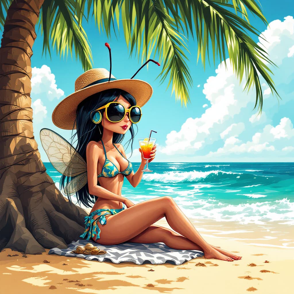 AI generated: A mosquito in a bikini sitting under a palm tree near the beach shores wearing sunglasses, a hat and...