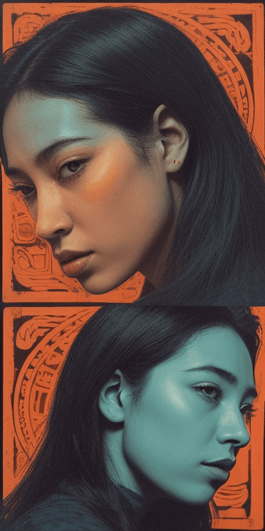 AI generated: woman's profile, in the style of iconic civil rights imagery, light indigo and dark amber, colorfull...