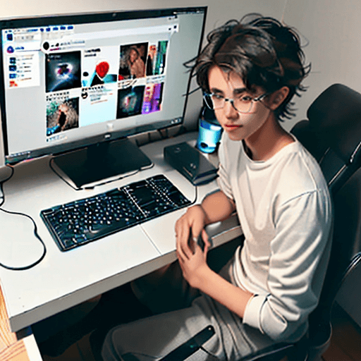 AI generated: a young guy sitting at a computer. Its partially hidden, mysterious effect. Popular social media suc...