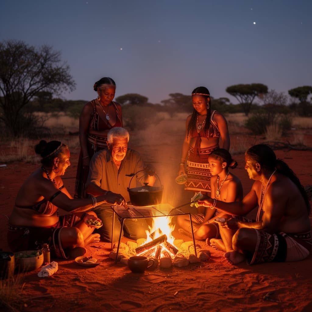 AI generated: Poignant Aboriginal family cooking outside over a campfire