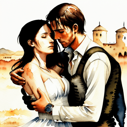 AI generated: watercolor scene of two lovers in a war-torn country, embracing each other as they contemplate what ...