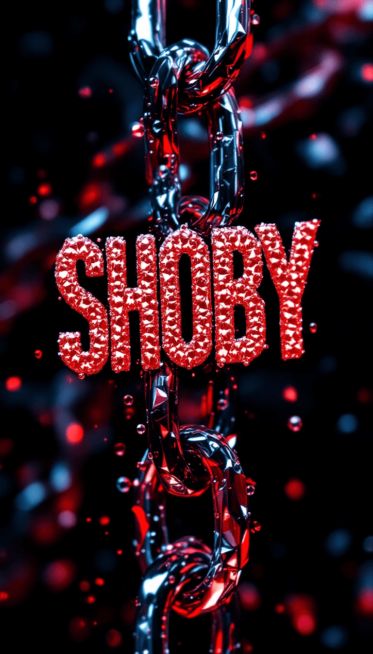 AI generated: big diamond ice out cuba chain. On the Chain  is the text: SHOBY" in a abstract red diamond font sty...