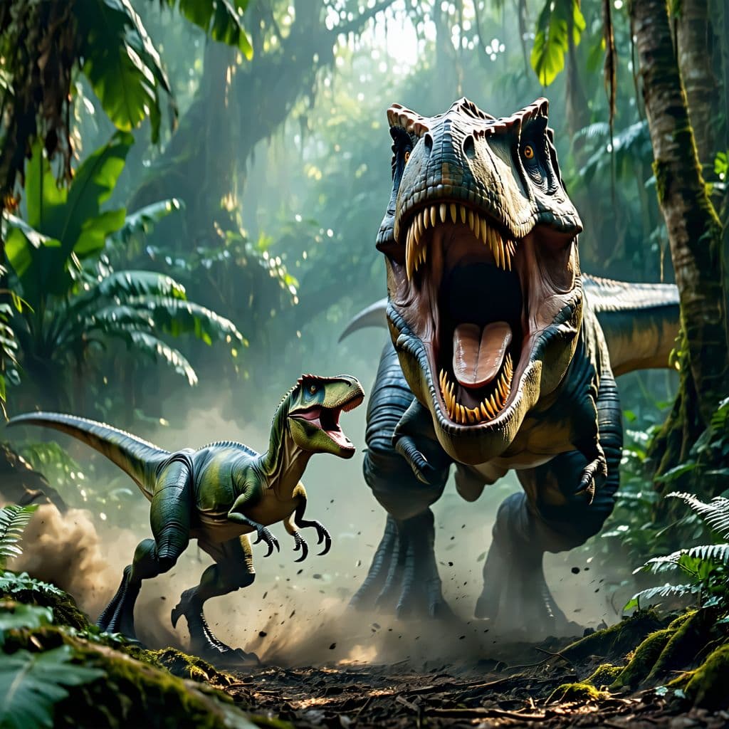AI generated: Close-up action shot of a Tyrannosaurus rex attacking a Velociraptor in a dense, prehistoric jungle....