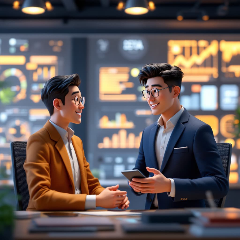 AI generated: 3d animation of a young asian tech entrepreneur consulting a businessman in his high tech office, wi...
