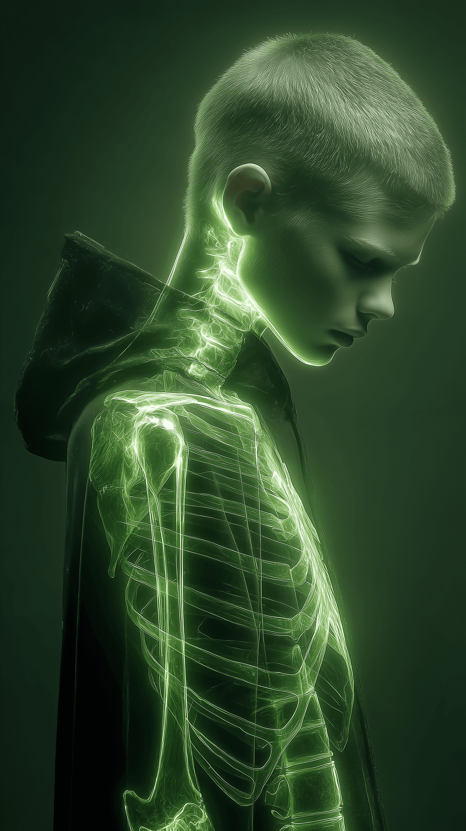 AI generated: surrealism photo, x-ray, portrait, boy humanoid, upper-body, transparent skin revealing his body, gl...